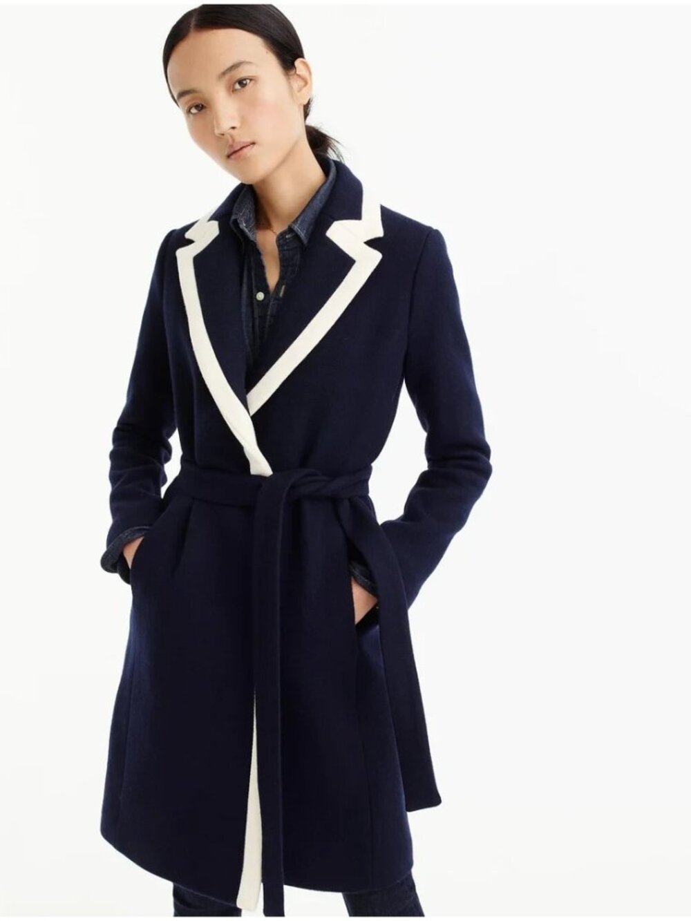 NWoT J.Crew New Tipped Topcoat in Navy Italian Stadium-Cloth Wool Belted Coat 4